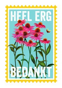 Bedankkaart met knalroze bloemen in een postzegel