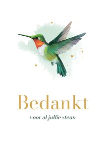 Bedankkaart overlijden vogel kolibrie waterverf goud hartjes