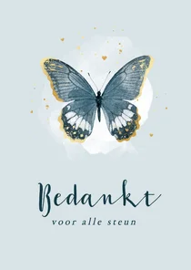 Bedankkaart rouw vlinders waterverf blauw goud bedankt