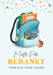 Bedankkaart school juf meester schooltas feestje