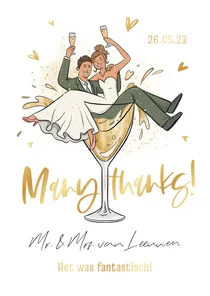 Bedankkaart trouwkaart cartoon grappig champagne thanks