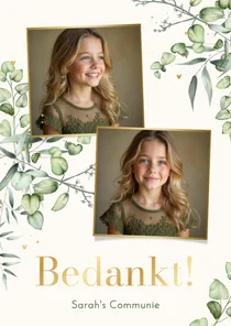 Bedankkaartje communie eucalyptus goud 2 foto's