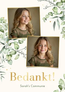 Bedankkaartje communie eucalyptus goud 2 foto's