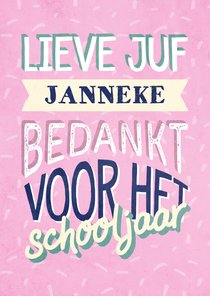 Bedankkaartje juf typografisch met naam en confetti