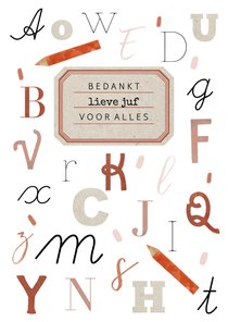 Bedankkaartje lieve juf met alfabet letters en vintage label