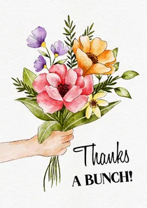 Bedankkaartje met grote bos bloemen in hand