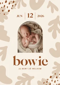 Beige geboortekaartje met abstracte vormen en foto