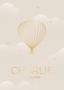 Beige geboortekaartje met luchtballon en vogels goudfolie
