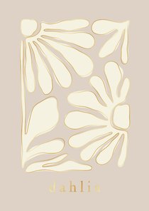 Beige geboortekaartje trendy bloemen abstract met goudfolie