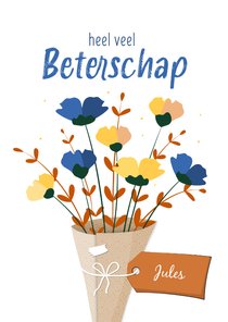 Beterschapskaart boeket gele en blauwe bloemen met naamlabel