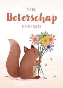 Beterschapskaart eekhoorntje met boeketje bloemen waterverf