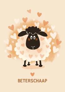 Beterschapskaart met lieve schaap met hartjes 'beterschaap' 