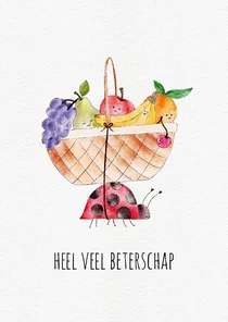 Beterschapskaart met lieveheersbeestje met fruitmand