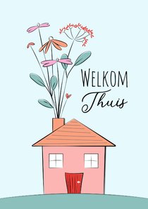 Beterschapskaart met stijlvolle bloemen in vrolijk huisje