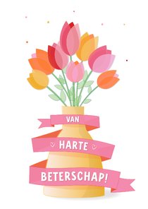 Beterschapskaart mooie gekleurde tulpen in vaas en tekstlint