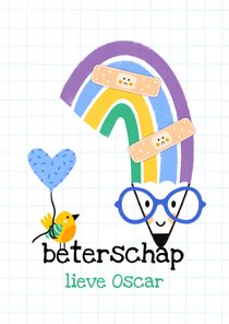 Beterschapskaart regenboog potlood en vogel met ballon