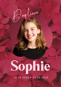 Bidprent herinneringskaart foto hortensia bloemen rood roze