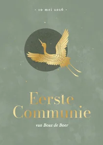 Bijzonder communiekaartje in groen met goudfolie kraanvogel