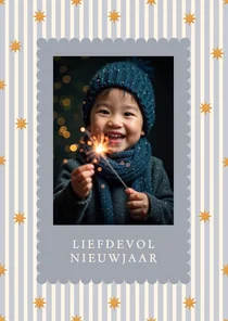 Blauw gestreept nieuwjaarskaartje met foto en sterren