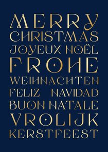 Blauwe kerstkaart met tekst in verschillende talen