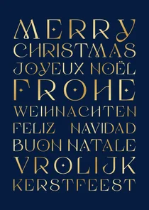 Blauwe kerstkaart met tekst in verschillende talen