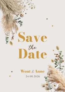Boho trouwkaart save the date pampas eucalyptus