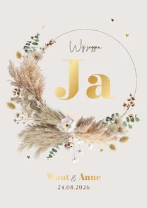 Boho trouwkaart save the date pampas krans goud