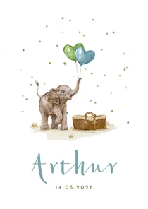 Boogkaart geboortekaartje olifantje mandje confetti jongen