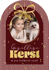 Boogvorm kerstkaart streeppatroon kerstbal strik goud foto