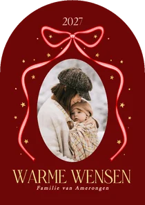 Boogvorm kerstkaartje met strik en foto rood