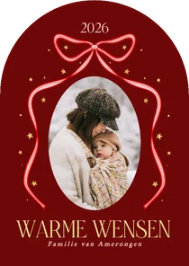 Boogvorm kerstkaartje met strik en foto rood
