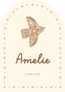 Boogvormig geboortekaartje duifje met geïllustreerde details