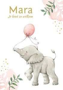 Botanisch geboortekaartje meisje met lief olifantje