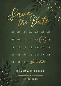 Botanische jungle Save the Date kaart met kalender 