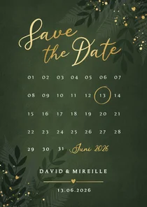 Botanische jungle Save the Date kaart met kalender 