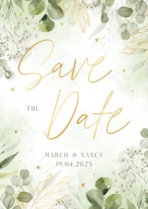 Botanische save the date kaart met waterverf en goudfolie