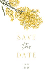 Botanische Save the Date trouwkaart mimosa geel