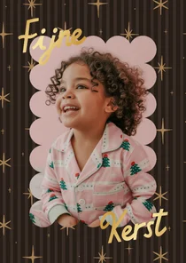 Bruine foto kerstkaart met streepjes, sterren en goudfolie 