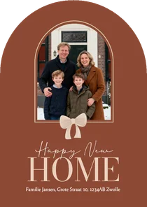 Bruine kerstkaart verhuizing boog met strikje en foto