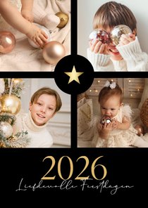 Chique zwarte fotocollage kerstkaart met gouden ster