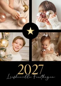 Chique zwarte fotocollage kerstkaart met gouden ster