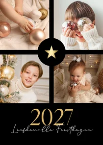 Chique zwarte fotocollage kerstkaart met gouden ster