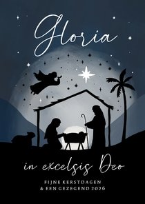 Christelijke kerstkaart kerststal silhouet engel sterren