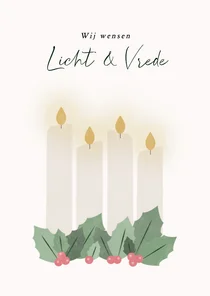 Christelijke kerstkaart met advent kaarsen licht & vrede