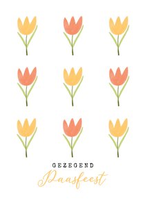 Christelijke paaskaart tulpen geel oranje gezegend pasen