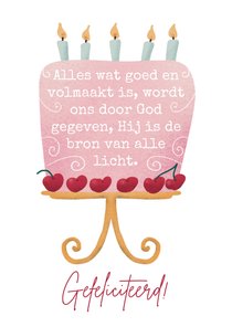 Christelijke verjaardagskaart met taart en bijbeltekst