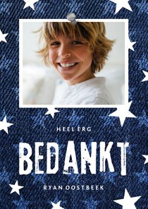 Communie bedankkaart denim stoer met sterren