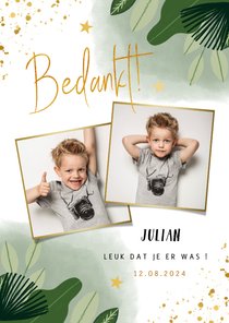 Communie bedankkaart hip met planten foto's en goud spetters