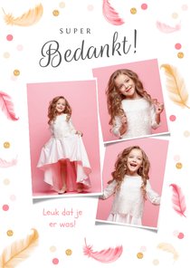 Communie bedankkaartje meisje veertjes confetti fotocollage