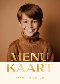 Communie menu fotokaart met goudfolie